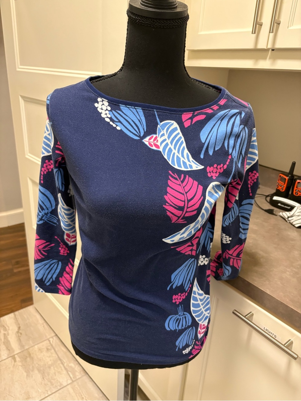 Talbots Navy Tee with Pink and Light Blue Leaf Print
